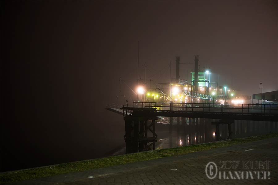 A riverboat on a foggy night in New Orleans.